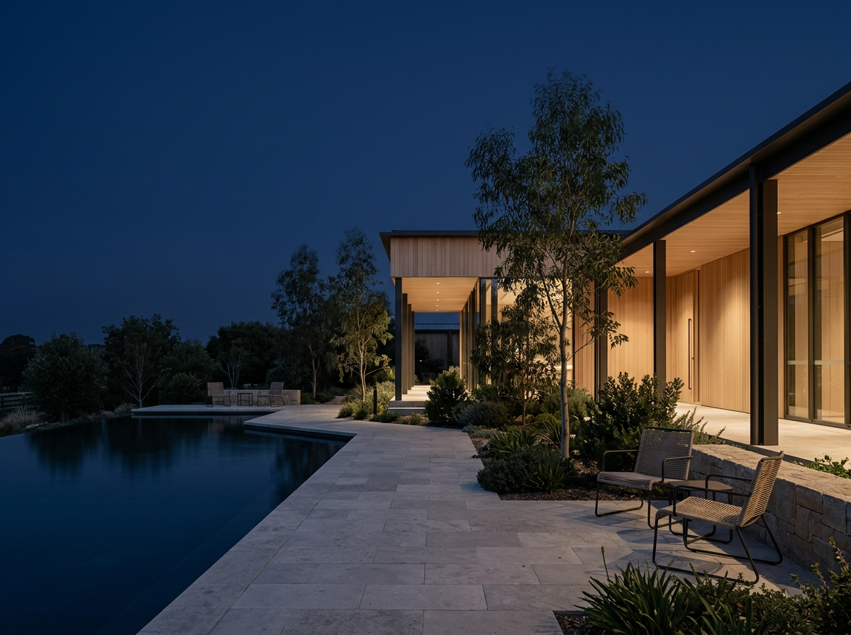 Modern luxury hotel suite with a patio, outdoor seating, trees, a pool, and garden lighting during nighttime.