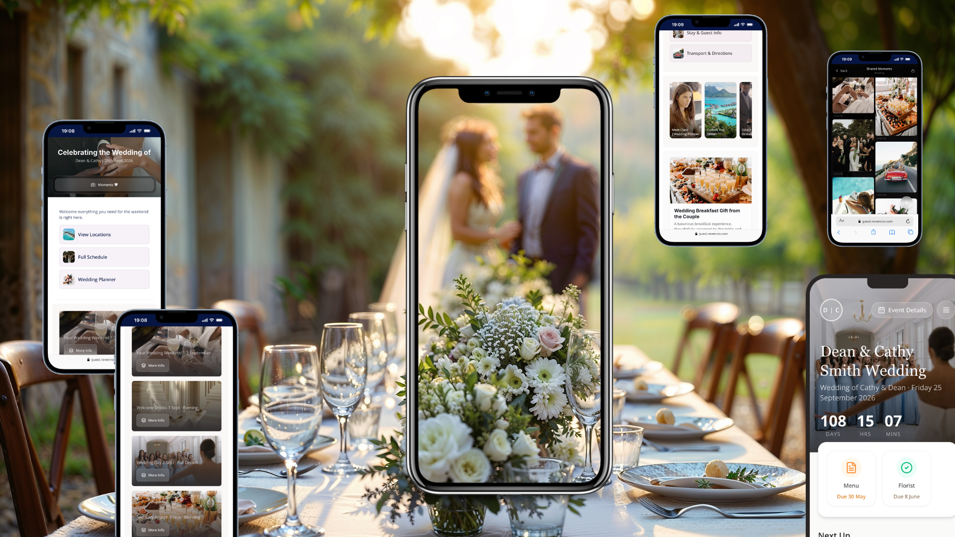 Multiple smartphones displaying wedding planning and event management apps over a decorated outdoor wedding table with glassware and a floral centerpiece, blurred couple in the background