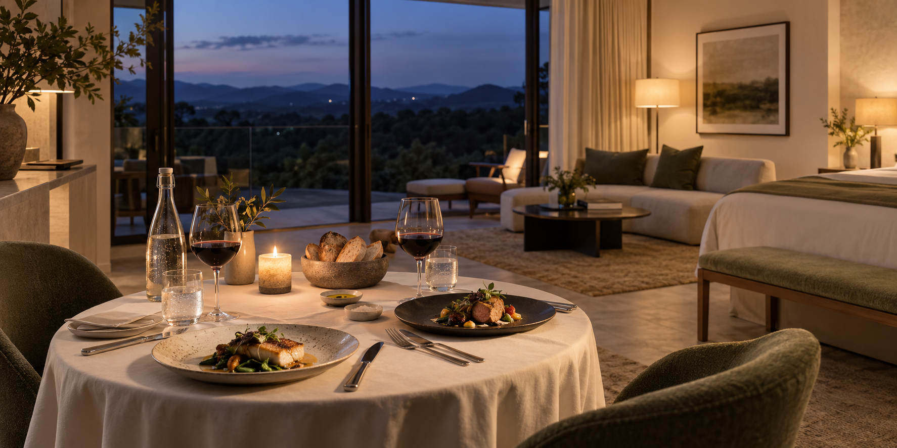 A cozy hotel room with a dining table set for dinner, two glasses of red wine, bread, and a plated meal, a living area with a sofa, lamps, and artwork, and a balcony with a view of mountains at dusk.