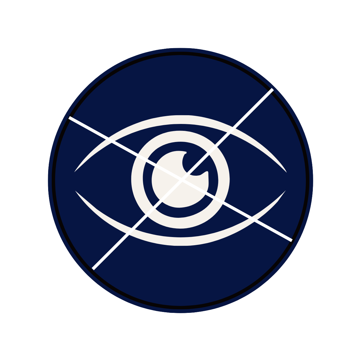 Stylized eye symbol with circular design, white and dark blue colors, and diagonal white lines crossing through, on a black background.