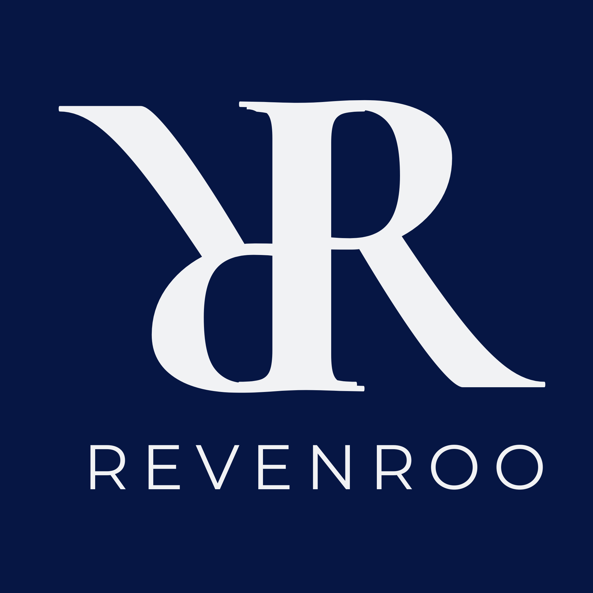 Logo with the word "REVENROO" in large white letters on a dark blue background, featuring a stylized "R" with a slight curve above the word.