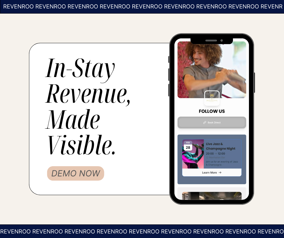 A promotional digital advertisement for a mobile app showcases a smartphone displaying a jazz event and booking options. The background features the text 'In-Stay Revenue, Made Visible.' with a 'Demo Now' button.