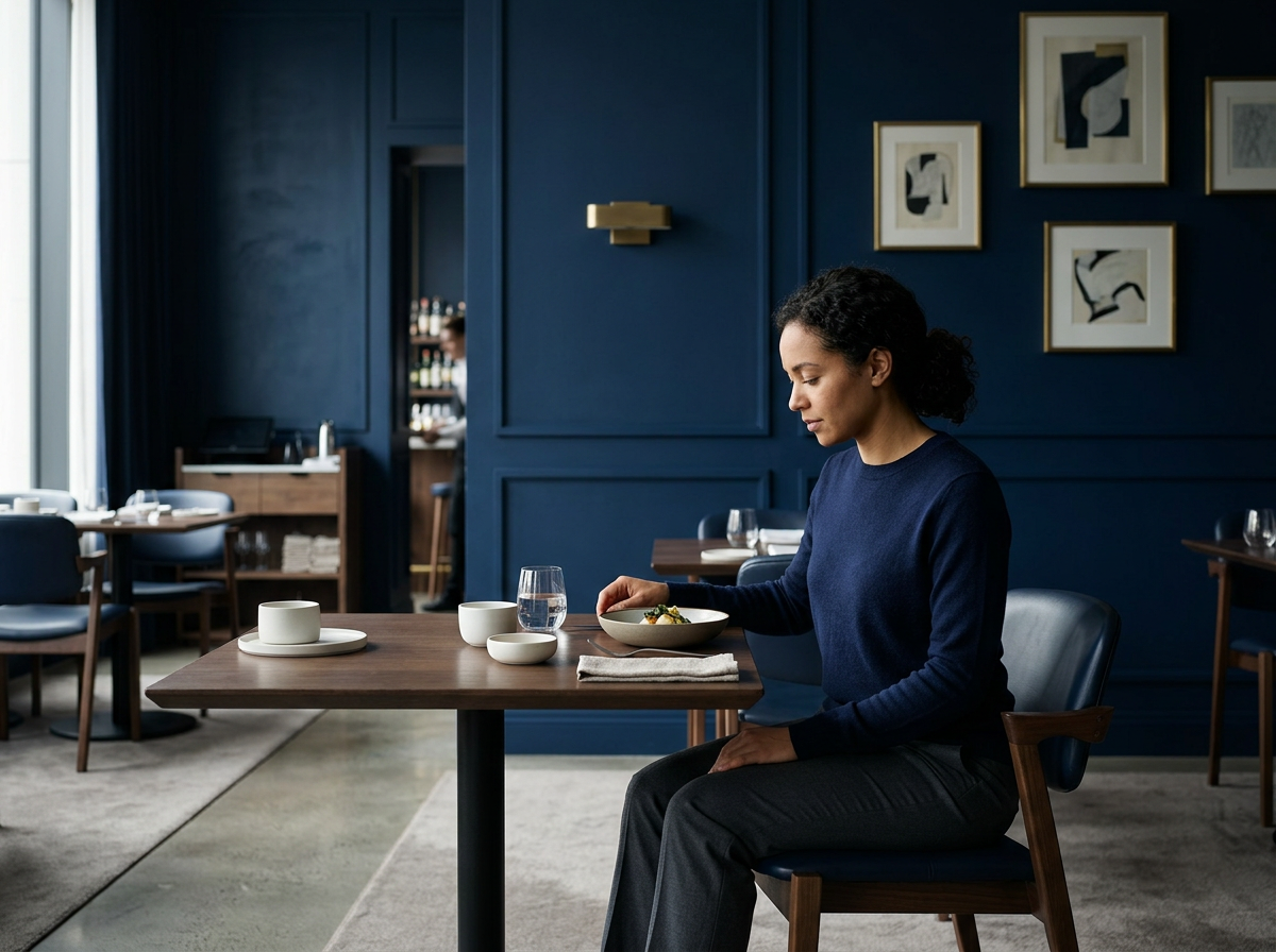 A woman sitting alone at a table in a hotel restaurant, with a bowl of food, a glass of water, and a few small white dishes, with navy blue walls and framed abstract art behind her.