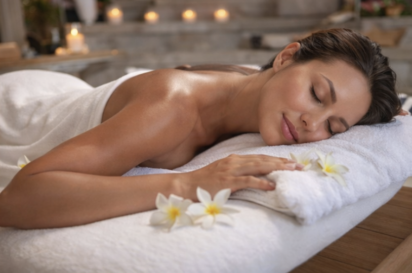 A woman is lying face down with eyes closed on a massage table in a spa, surrounded by candles and flowers.