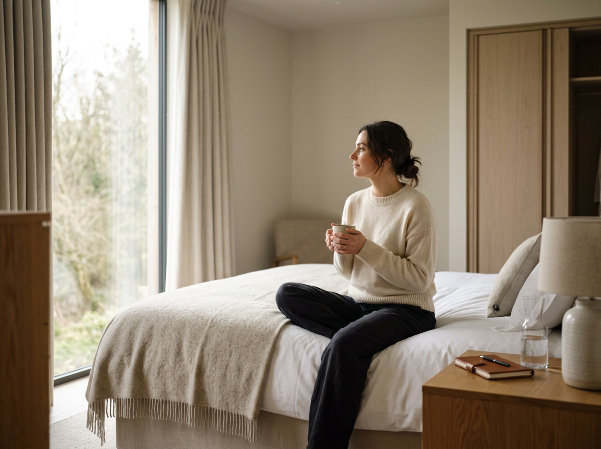 Woman sitting cross-legged on bed holding a mug, looking out window, in a well-lit hotel bedroom with wooden furniture and beige curtains.