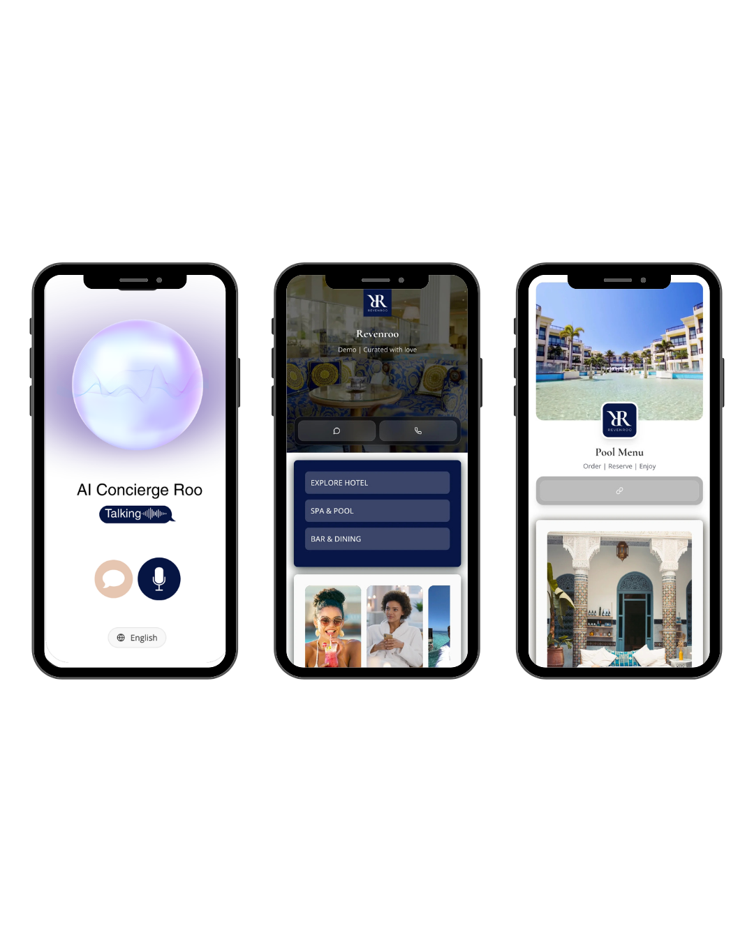 Three smartphone screens displaying a hotel app interface. The first screen shows an AI-powered concierge with a talking icon, language option, and a greeting. The second screen features the main menu, including options for exploring the hotel, spa & pool, and bar & dining, with images of two women at the bottom. The third screen displays a pool menu with options for ordering, reserving, and enjoying the pool, along with images of a poolside area and a decorative archway.