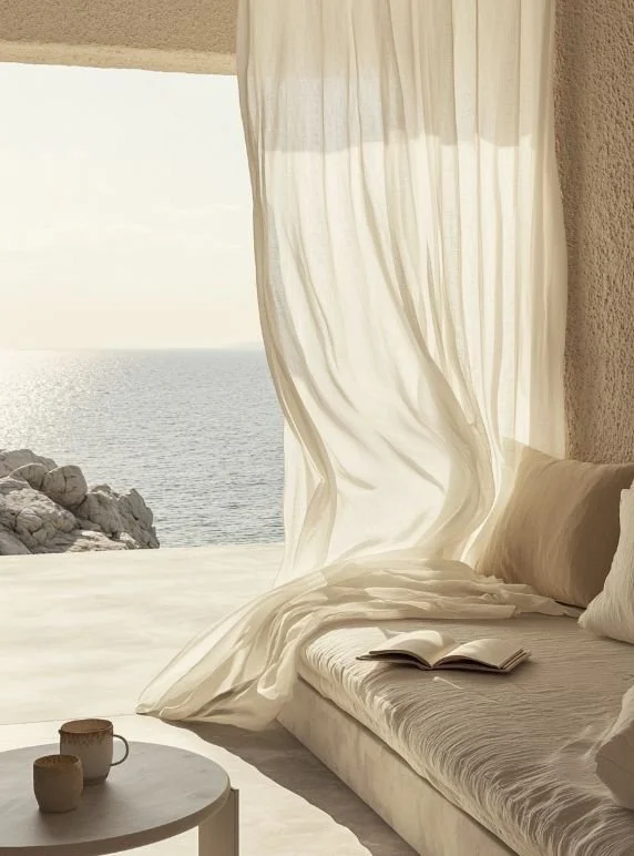 A cozy bedroom near the ocean featuring white curtains blowing in the breeze, a bed with an open book, and a small table with two cups, overlooking rocks and water in the distance.