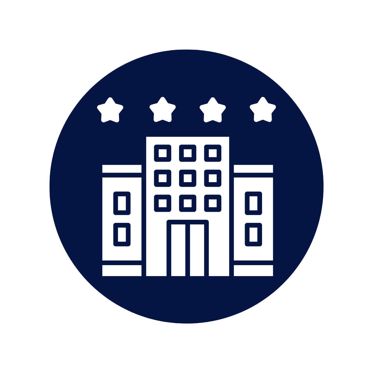Stylized icon of a multi-story building with a centered entrance, flanked by two symmetrical towers, with four stars above indicating a high rating or quality in a dark blue circular background.
