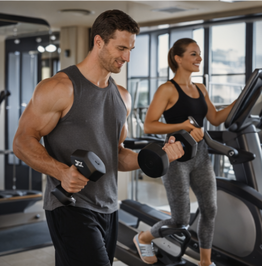 A man and woman working out in a gym, with the man lifting dumbbells and the woman walking on a treadmill.