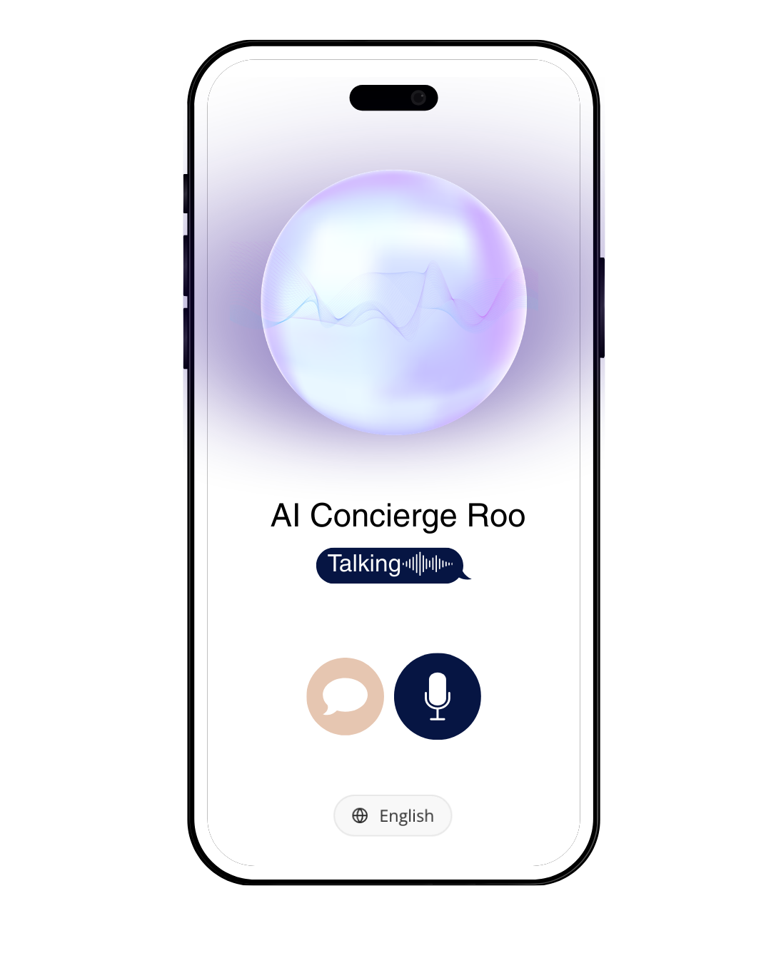 Smartphone screen displaying an AI assistant called 'AI Concierge Roo' with voice and chat options, a language selection button, and an abstract glowing sphere at the top.