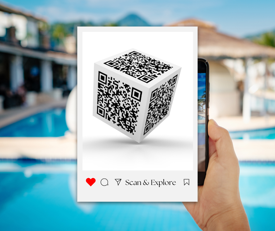 Person holding a smartphone displaying a QR code on a screen with icons and the caption 'Scan & Explore,' with a swimming pool and resort buildings in the background.