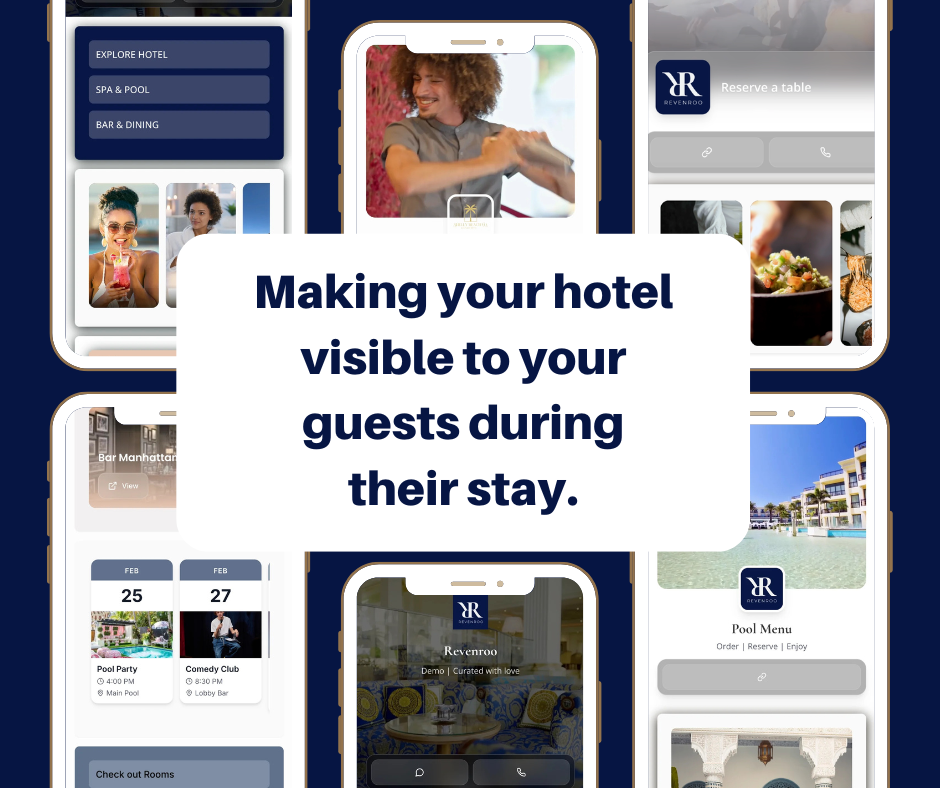 Smartphone screens displaying hotel booking and amenities, including a pool, dining options, and a tour guide, with a central message about making the hotel visible to guests during their stay.