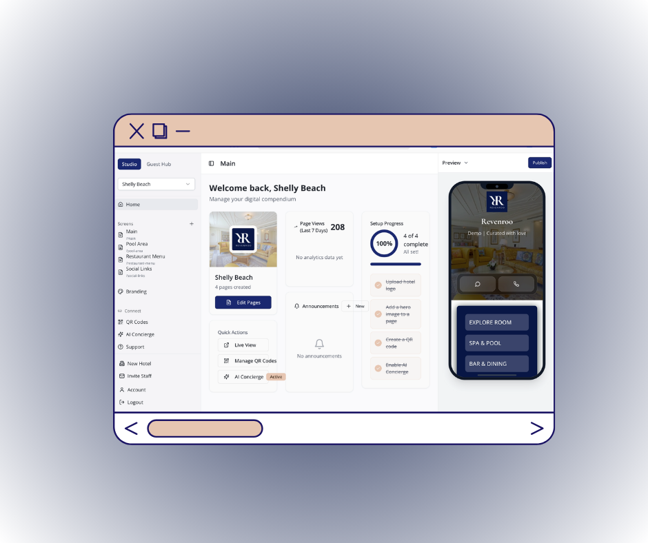 A computer screen displaying a digital platform for a hotel management system titled 'Shelly Beach,' showing dashboard options like 'Edit Pages,' 'Manage QR Codes,' and 'AI Concierge,' with an image of a mobile app interface for 'Revondoo'.