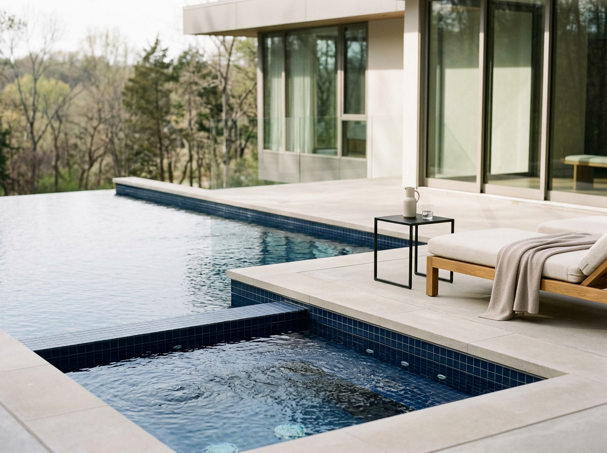 Modern infinity pool next to a hotel suite with large glass windows, overlooking a wooded area with trees, outdoor lounge chair with blanket, and a small black side table with a pitcher and glass.