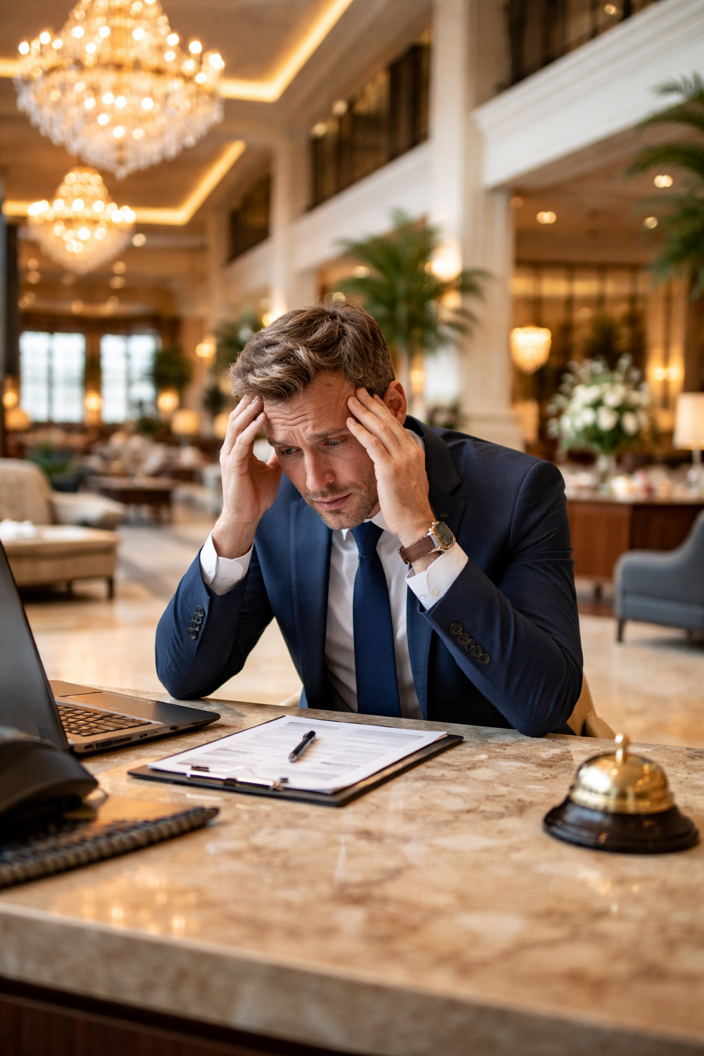A man in a business suit sitting at a desk in a luxurious hotel lobby, holding his head with both hands, looking stressed or worried, with a laptop, documents, and a bell on the desk.