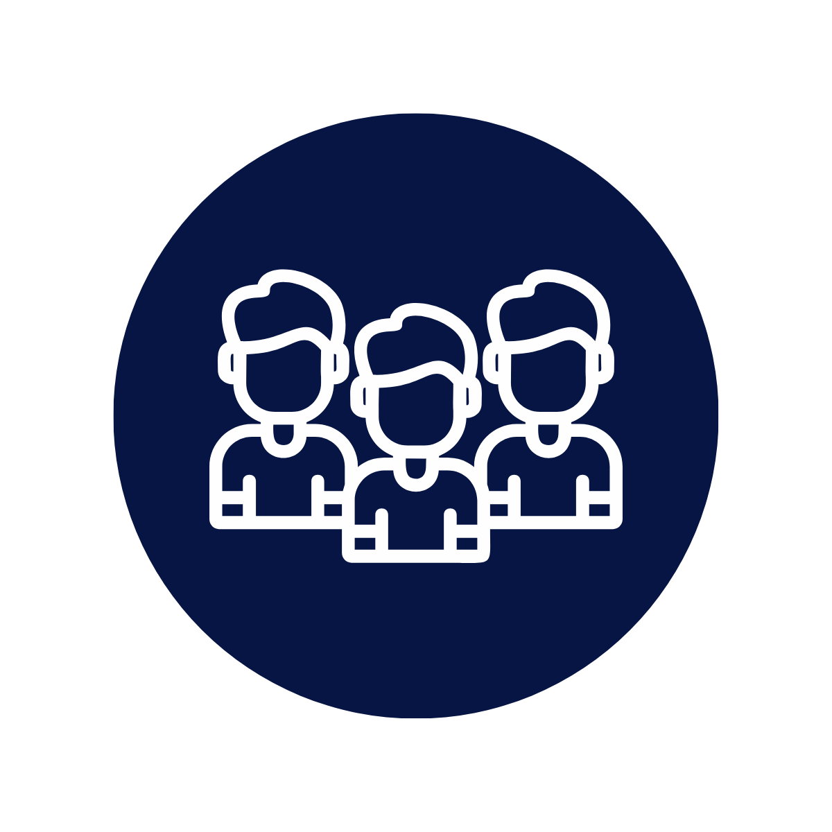 Icon of three people standing together, outlined in white on a dark blue circular background.
