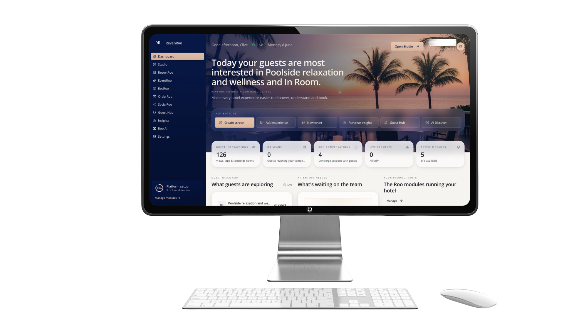 Desktop computer screen displaying a hotel management dashboard with a sunset beach background, menu options on the left, and various data and analytics sections.