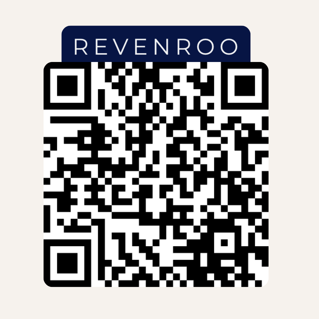 A QR code with a blue label above it that says 'REVENROO' on a light background.