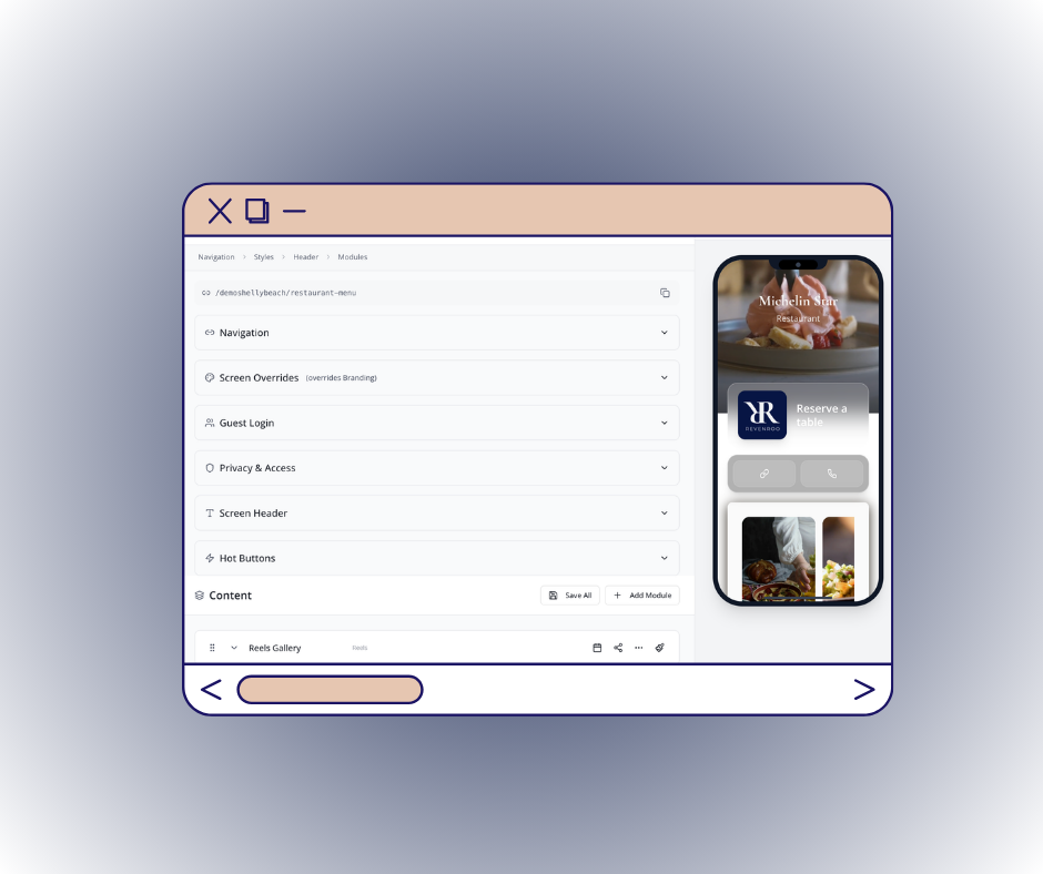 Screenshot of a website builder or app interface showing a mobile preview with a restaurant reservation app and editable design modules.