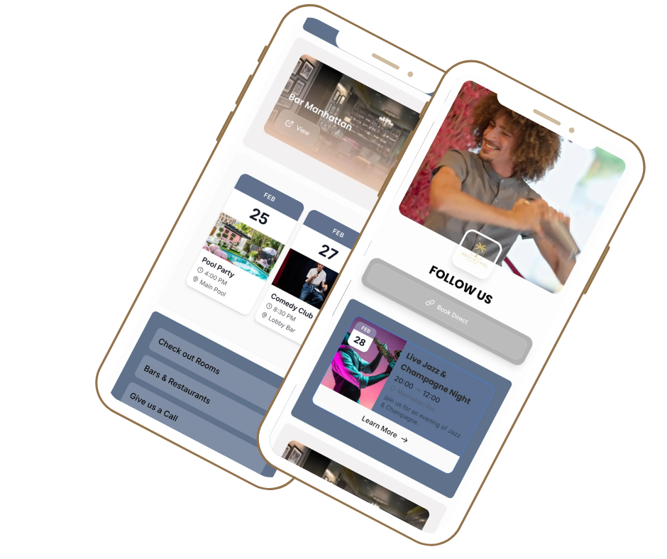 Two smartphone screens displaying a travel or event app with dates, activities like pool party, comedy club, and jazz night, and options to book or learn more.