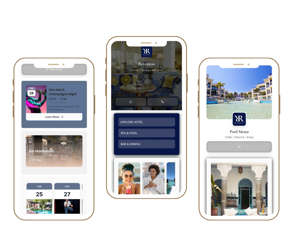 Three smartphone screens displaying hotel app interfaces. The left screen shows event booking details and a bar reservation. The middle screen shows hotel information with options to explore, including spa, pool, bar, and dining, with photos of people enjoying the hotel. The right screen displays a pool menu with images of poolside architecture and outdoor swimming pool area.