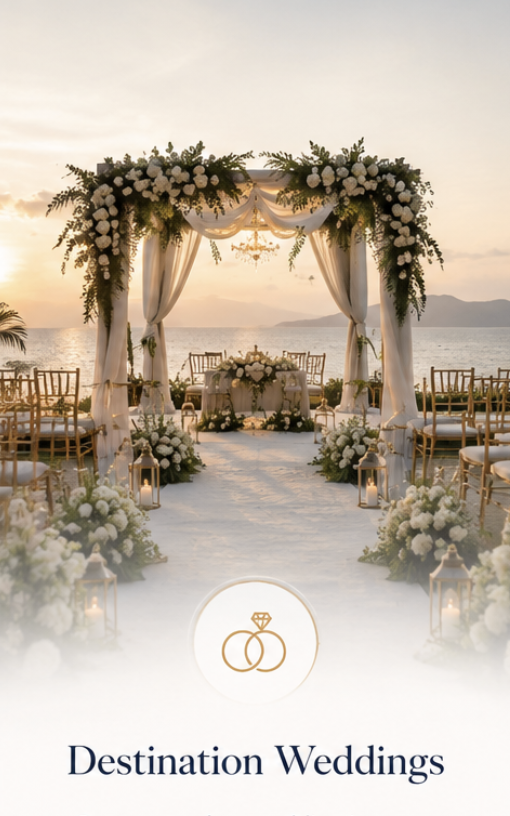 Beachside wedding altar decorated with white flowers and draped fabric, set against a sunset backdrop with water and mountains, promoting Destination Weddings.