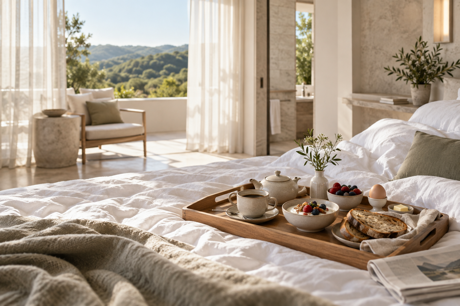 Breakfast tray on a bed in a bright, sunny bedroom with views of green hills outside