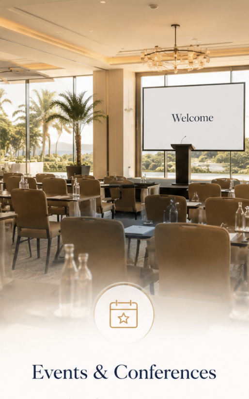 Conference room with beige chairs, tables, and water bottles, large windows with a view of palm trees and greenery, and a large screen displaying "Welcome" at the front.