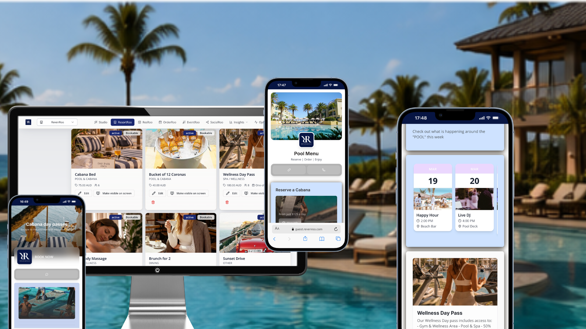 Person holding a smartphone displaying the room service app for Revenroo Hotel, with options for exploring rooms, spa, bar, and meeting staff.