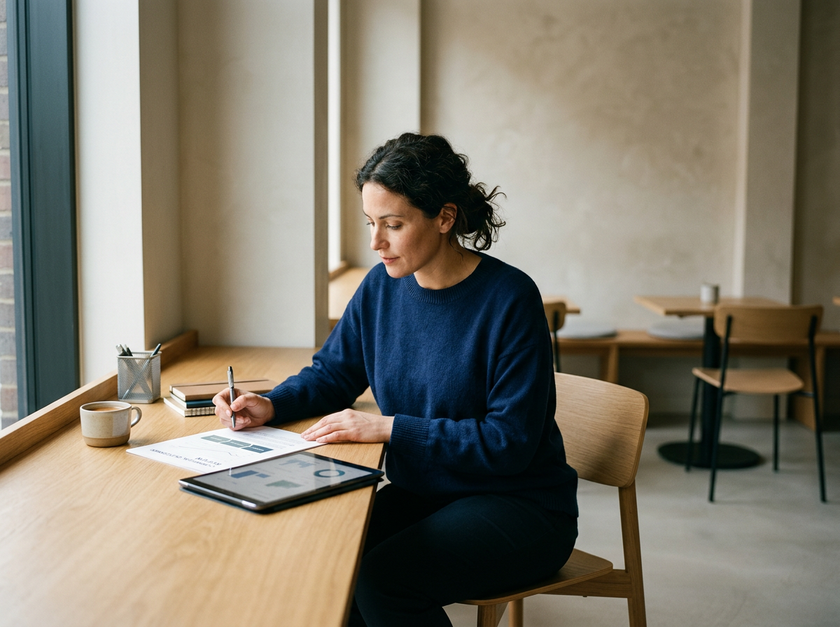 A woman sitting at a wooden table in a café, working on a notebook with a pen, with a tablet, a coffee mug, and some books on the table.