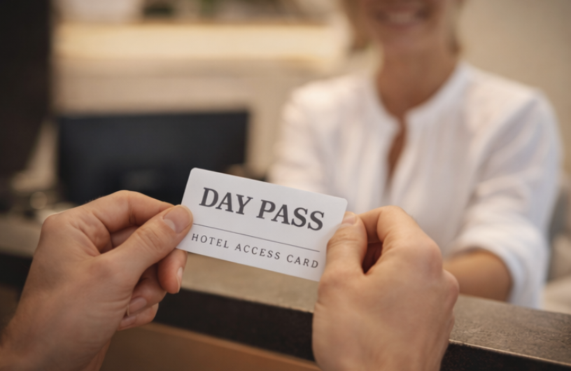 Person at hotel reception giving a day pass hotel access card to guest.