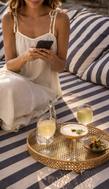 A woman in a white dress sitting on a bed with striped bedding, holding a phone. In front of her is a tray with a drink, a bowl of olives, and a cocktail with garnishes.