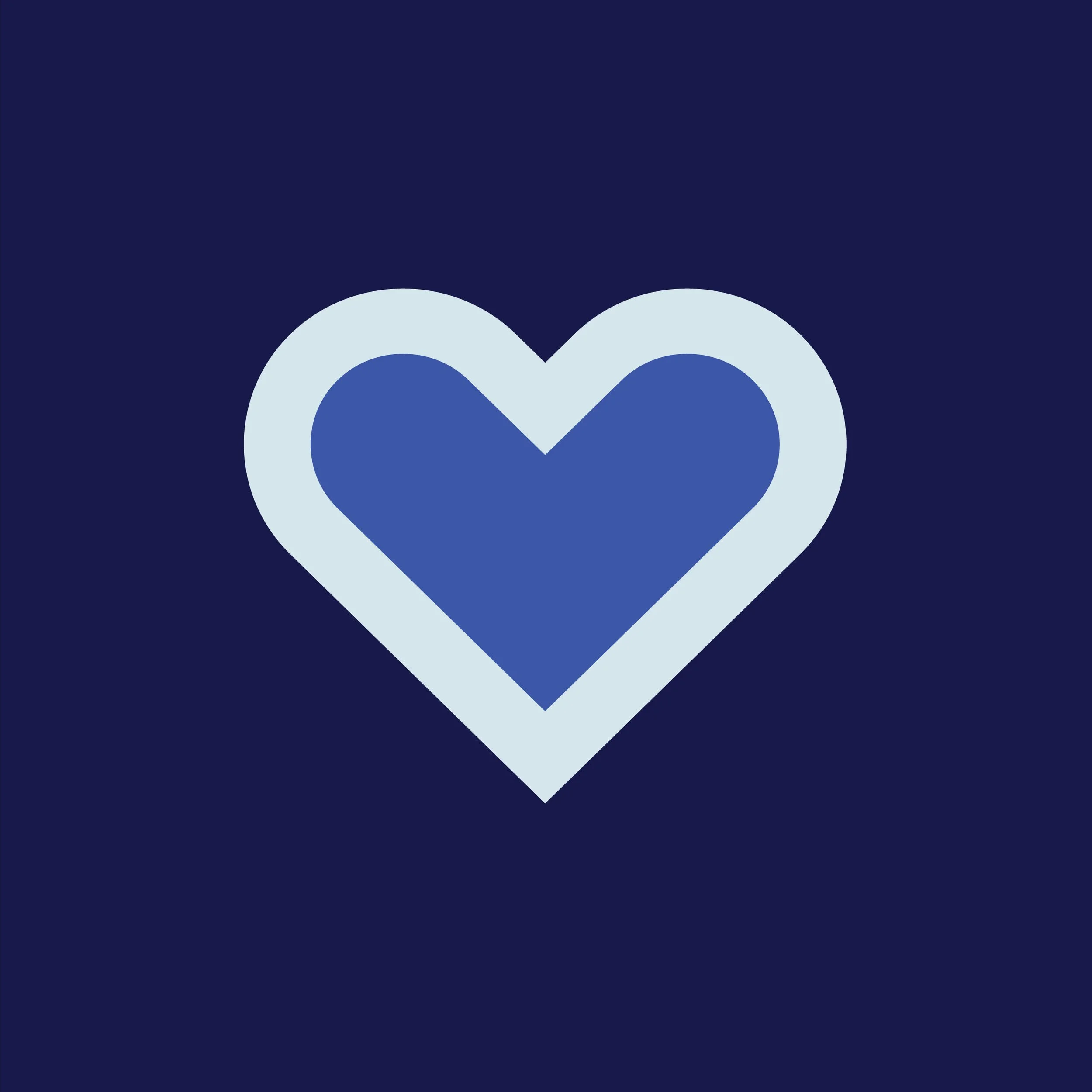 A stylized graphic of a blue heart with a light blue outline on a dark blue background.