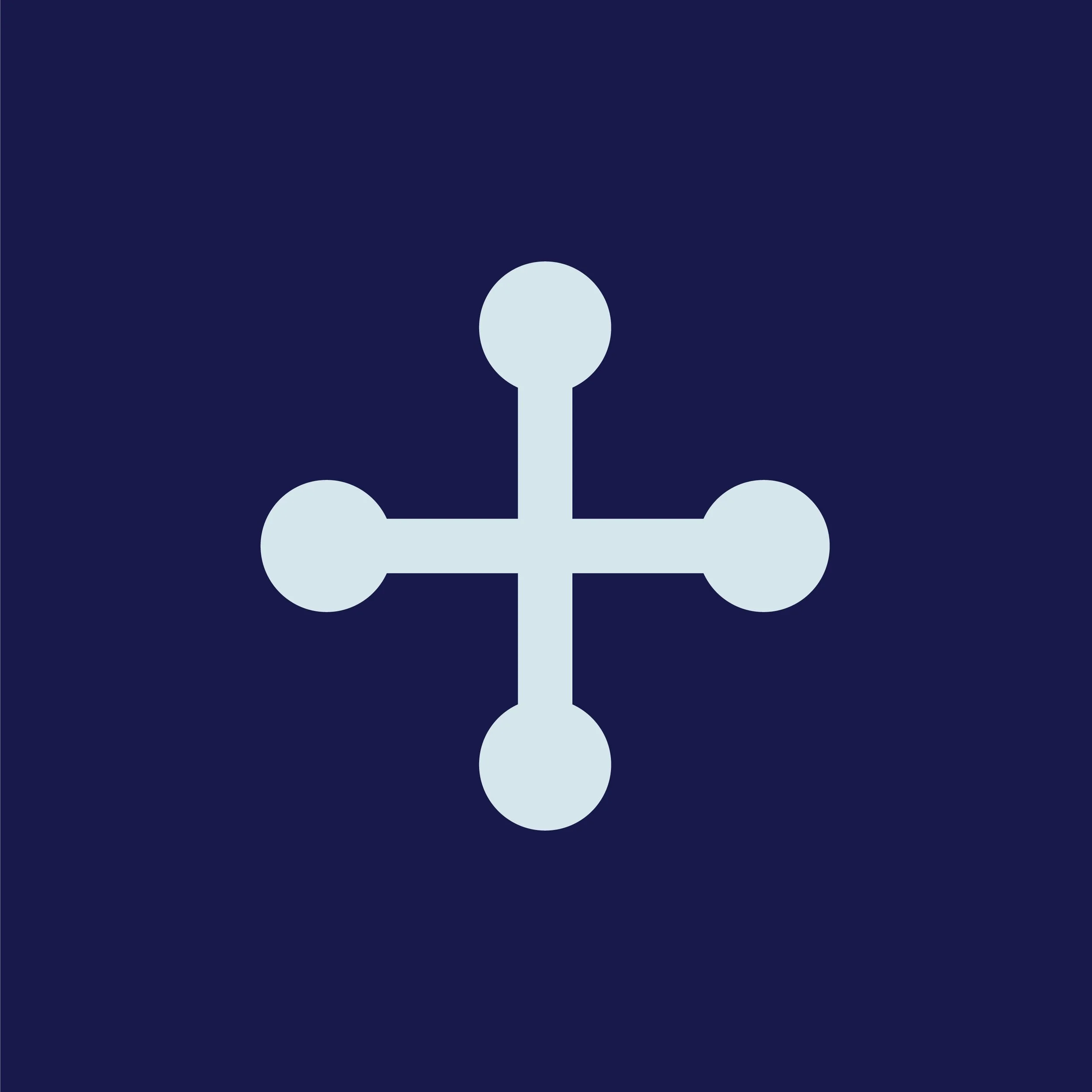 A stylized cross with four circles at the ends of the arms, light blue in color, on a dark blue background.