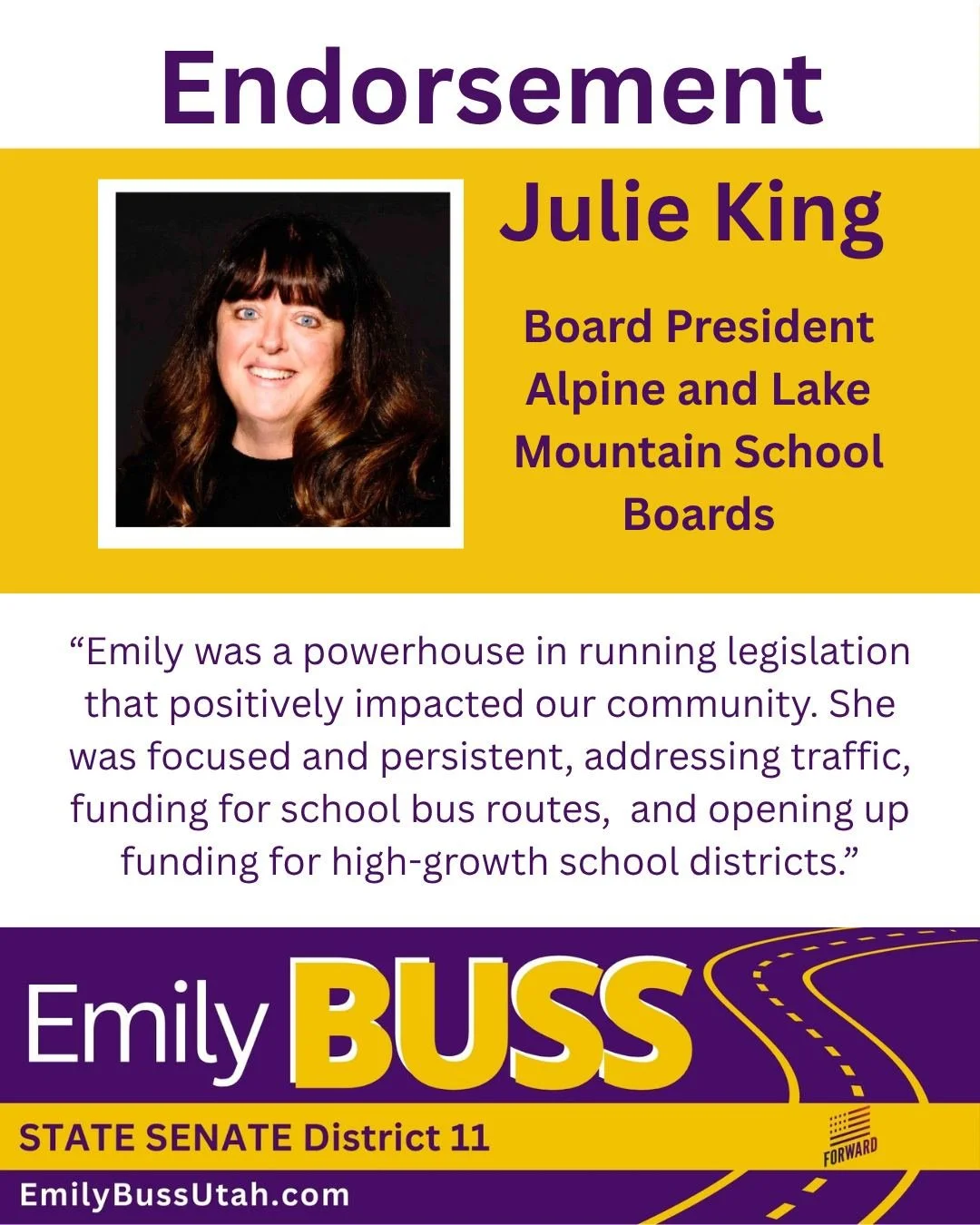 Thank you, Julie, for your support! 

"Emily was a powerhouse in running legislation that positively impacted our community. She was focused and persistent, addressing traffic, funding for school bus routes, and opening up funding for high-growt