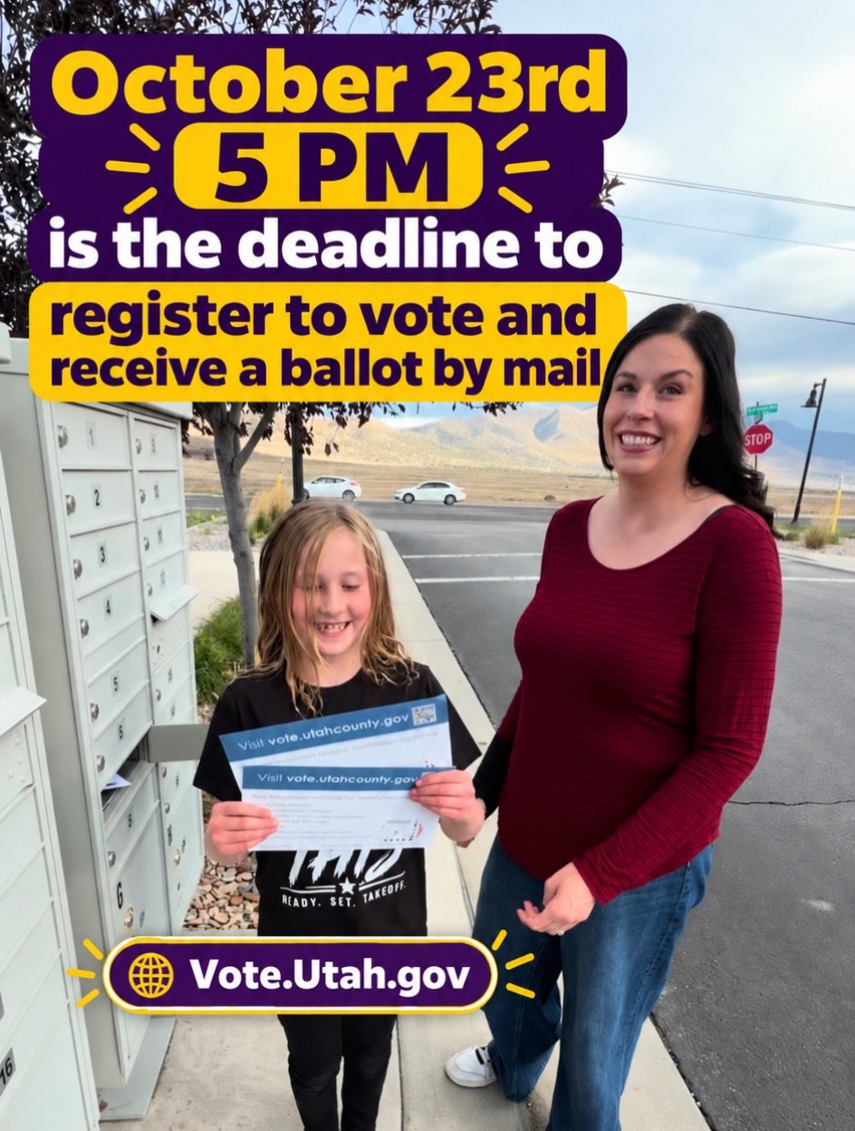 🚨 UTAH VOTERS: DEADLINE TODAY!

Today, October 23 at 5 PM, is the regular voter registration deadline to receive a mail ballot.