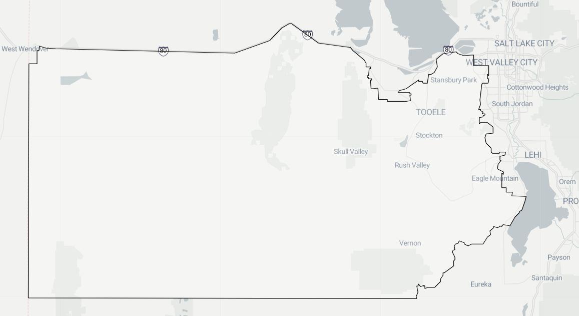 Map of Utah showing the outline of the state with major cities like Salt Lake City, West Valley City, and Provo, and highways including I-80.