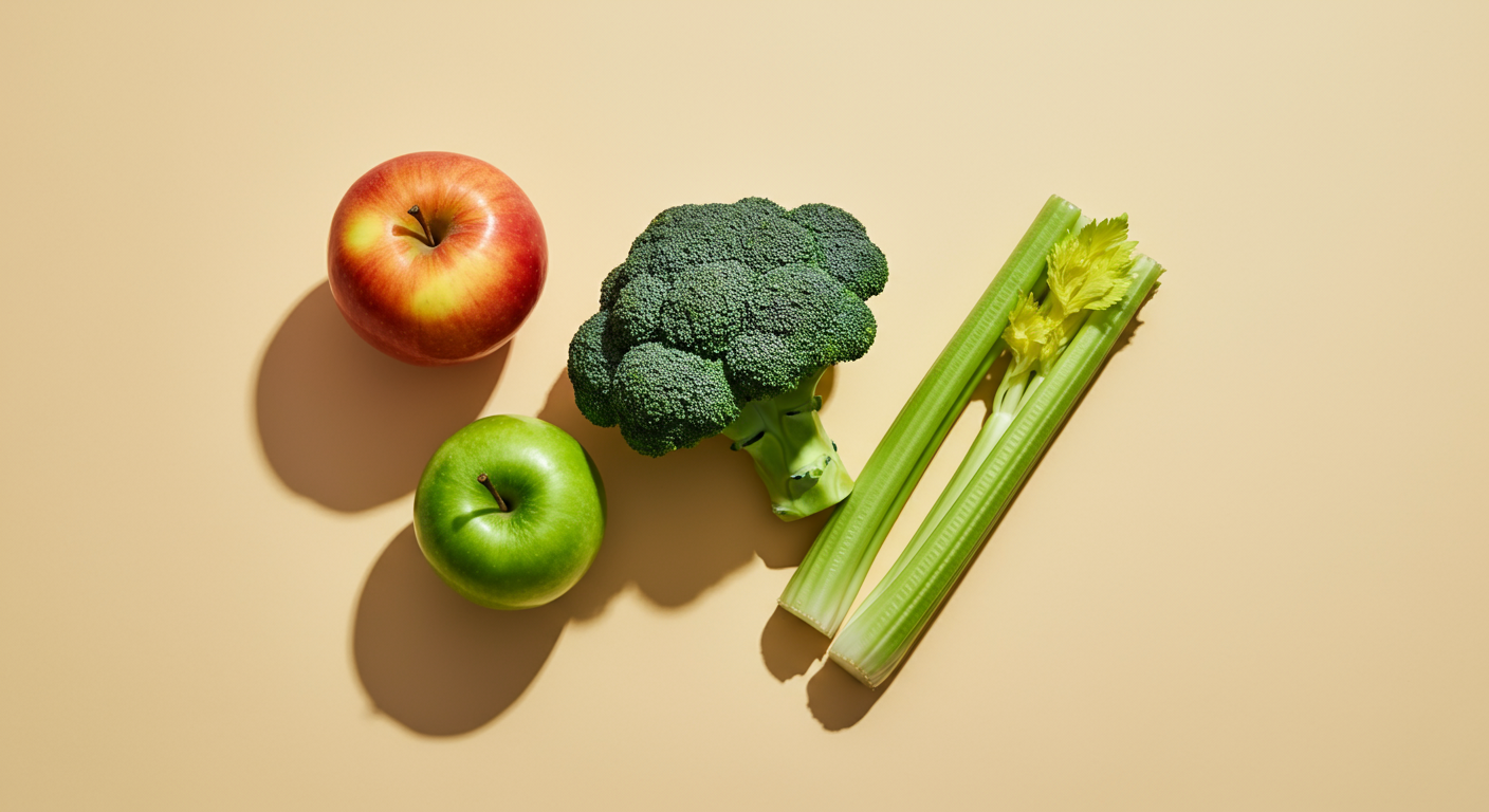 Red and green apples, broccoli, and celery on a light-colored background.