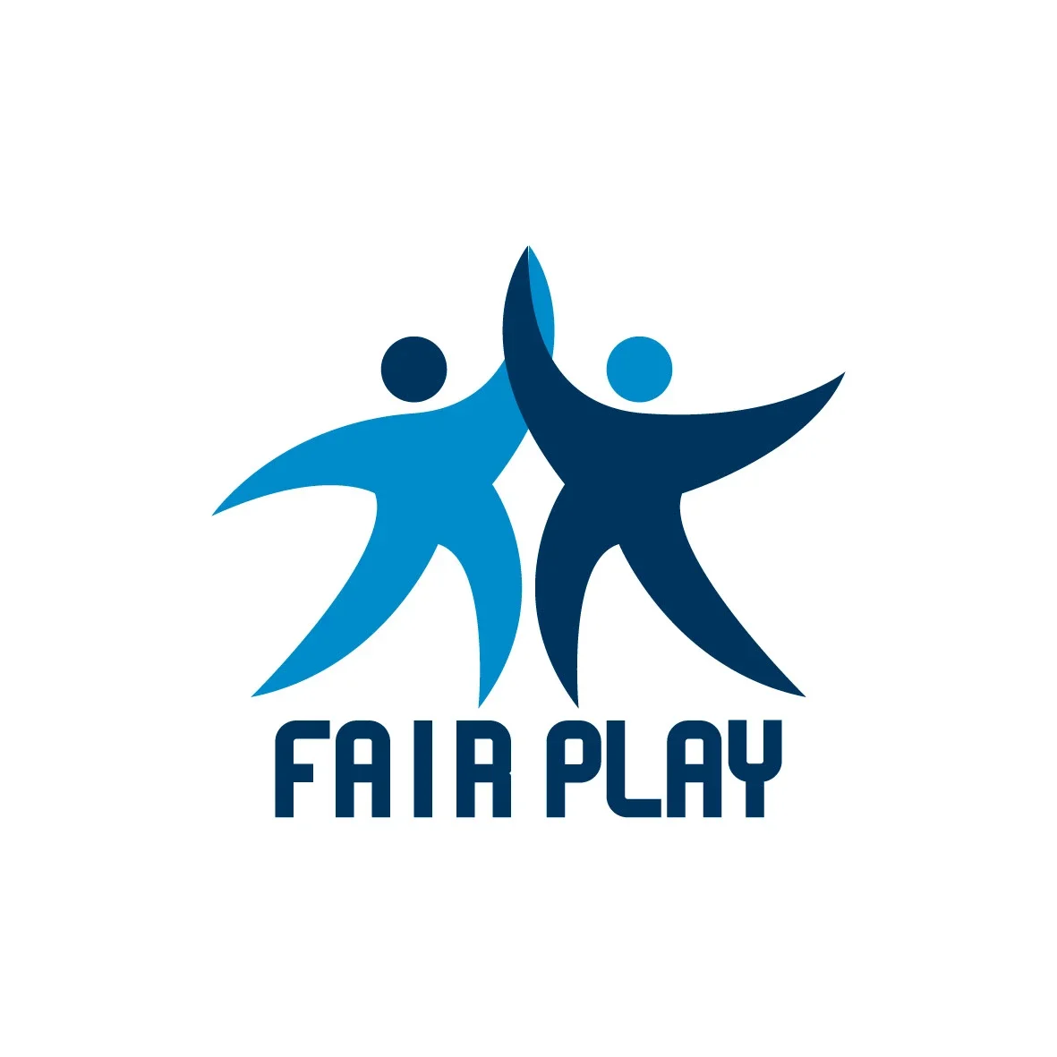 To styliserte figurer som gir hverandre en high five, med teksten 'FAIR PLAY' under, i ulike nyanser av blått.