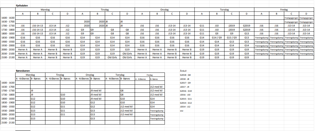 Bild av en treningsplan eller ukeplan for ulike aktiviteter fordelt på ukedager og klokkeslett, med ulike koder og navn for måneder og perioder.