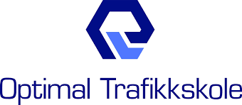 Logo for Optimal Trafikkskole med en blå geometrisk figur og teksten 'Optimal Trafikkskole'.