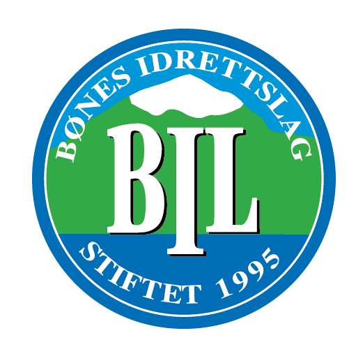 Logo for Bønes Idrettslag, etablert i 1995, med grønt fjell og hvit t-skjorte formet som en sky, omgitt av en blå sirkel.