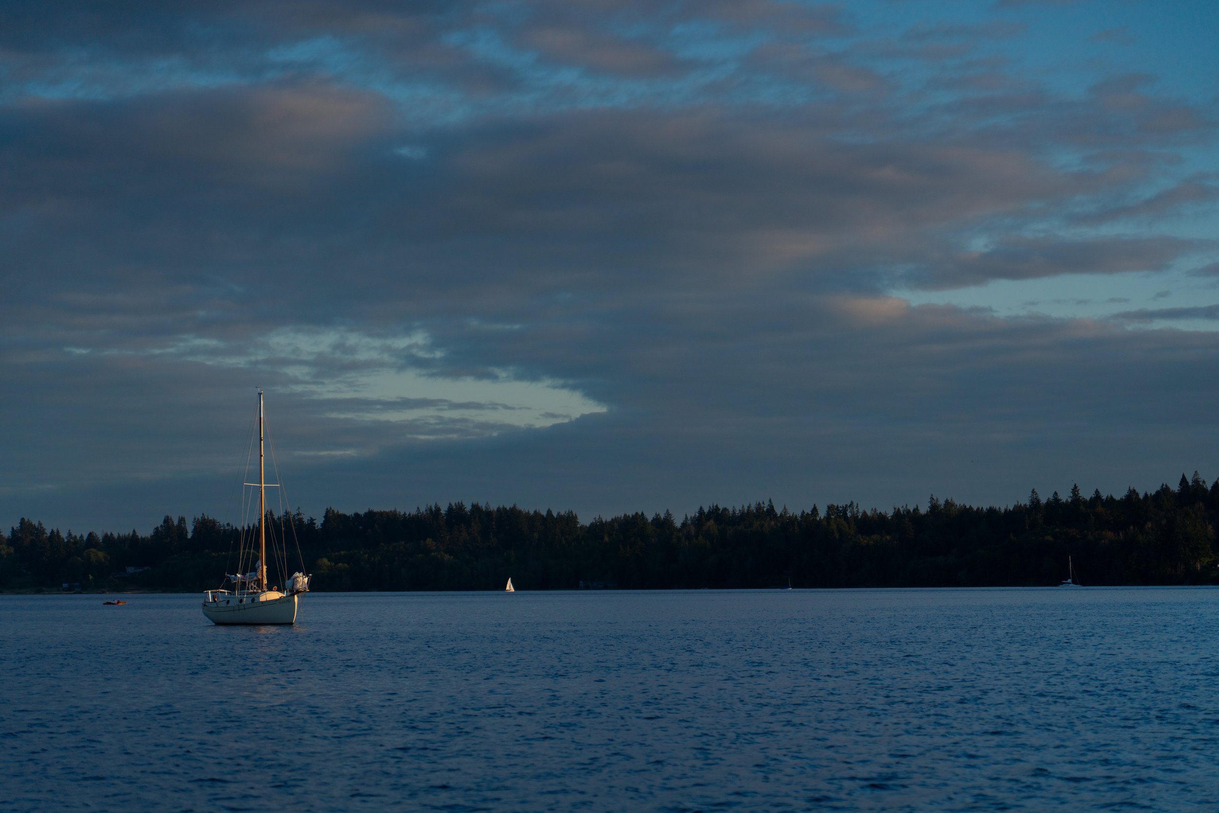 A sailboat on calm water near a forested shoreline during dusk, with a cloudy sky above.