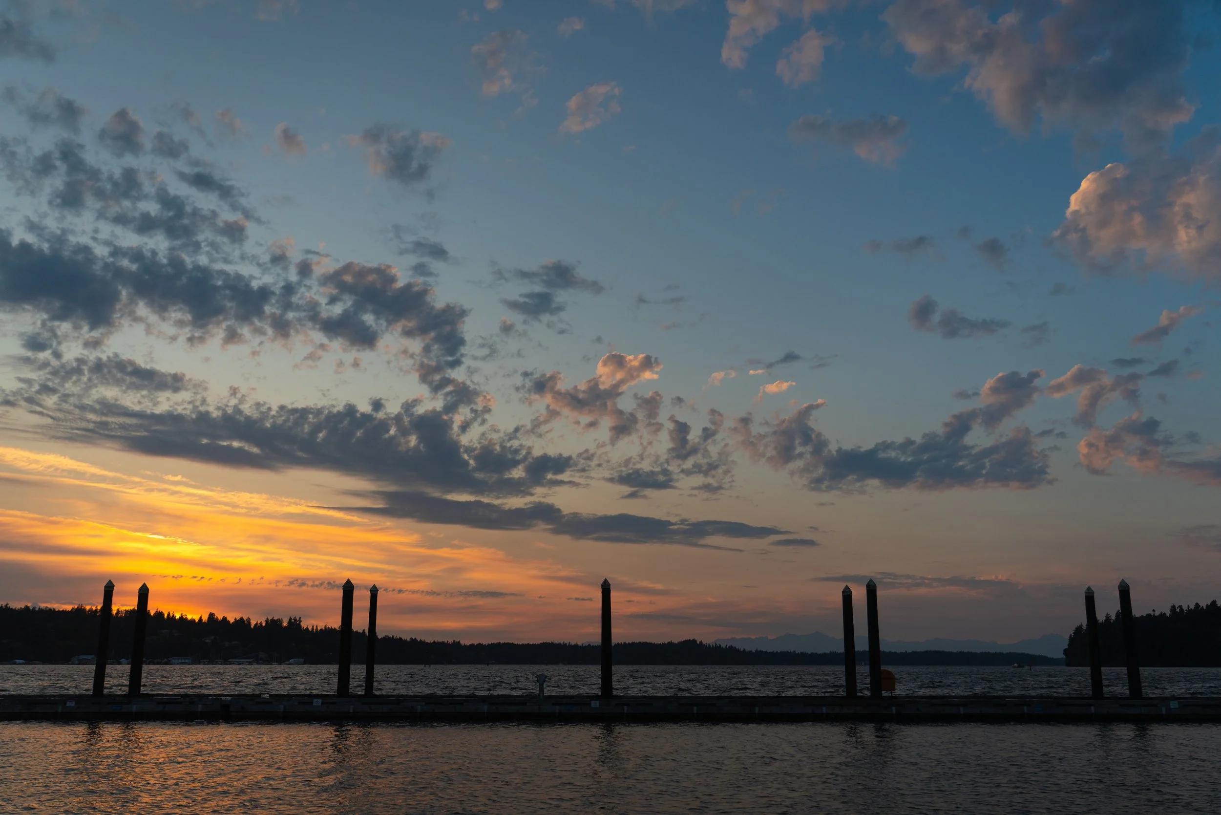 Sunset over a body of water with a partly cloudy sky, silhouetted trees, and posts along the shoreline.
