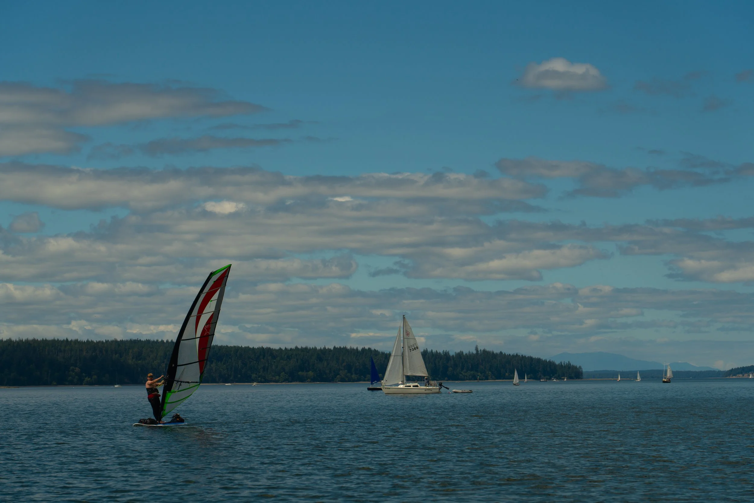 A person windsurfing on a lake with sailboats and a forested shoreline in the background, under a partly cloudy sky.