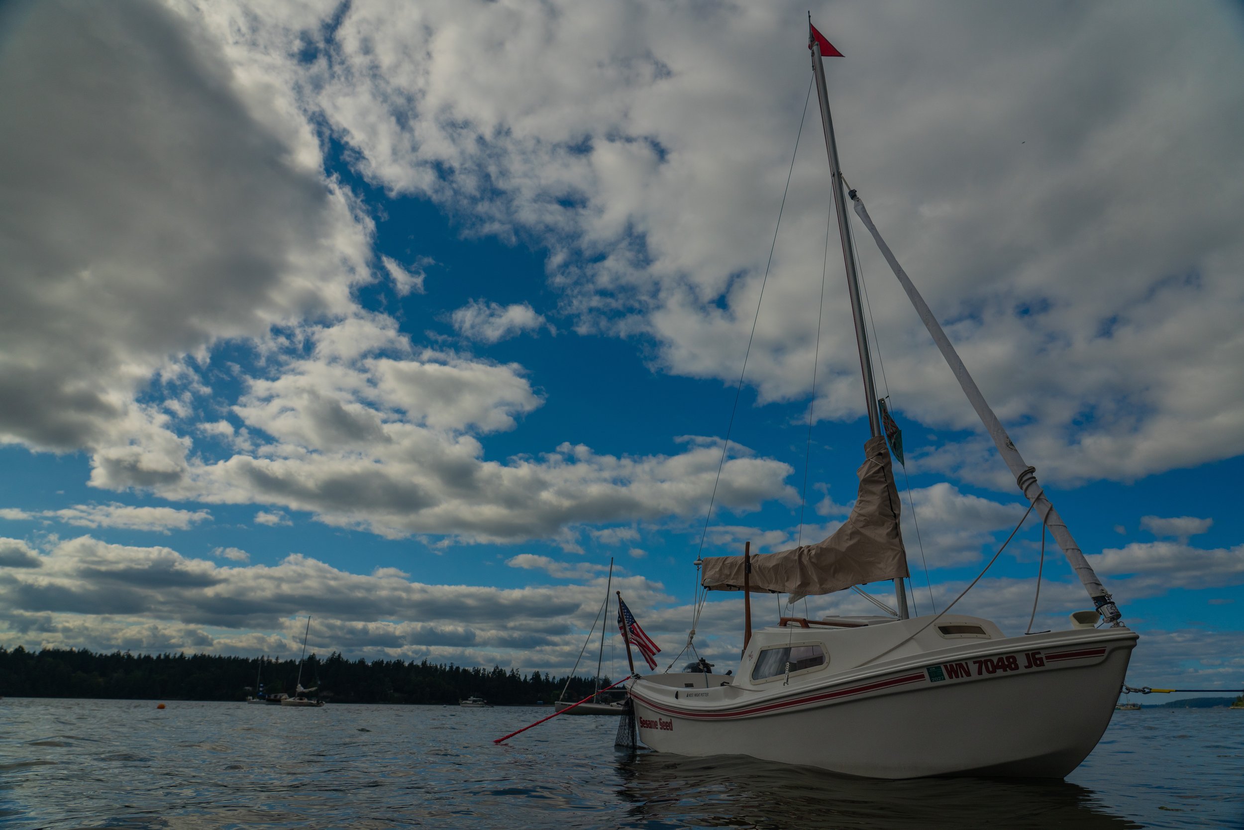 A sailboat with its sail down and a red flag at the top of the mast, docked on a body of water with other boats in the background under a cloudy sky.