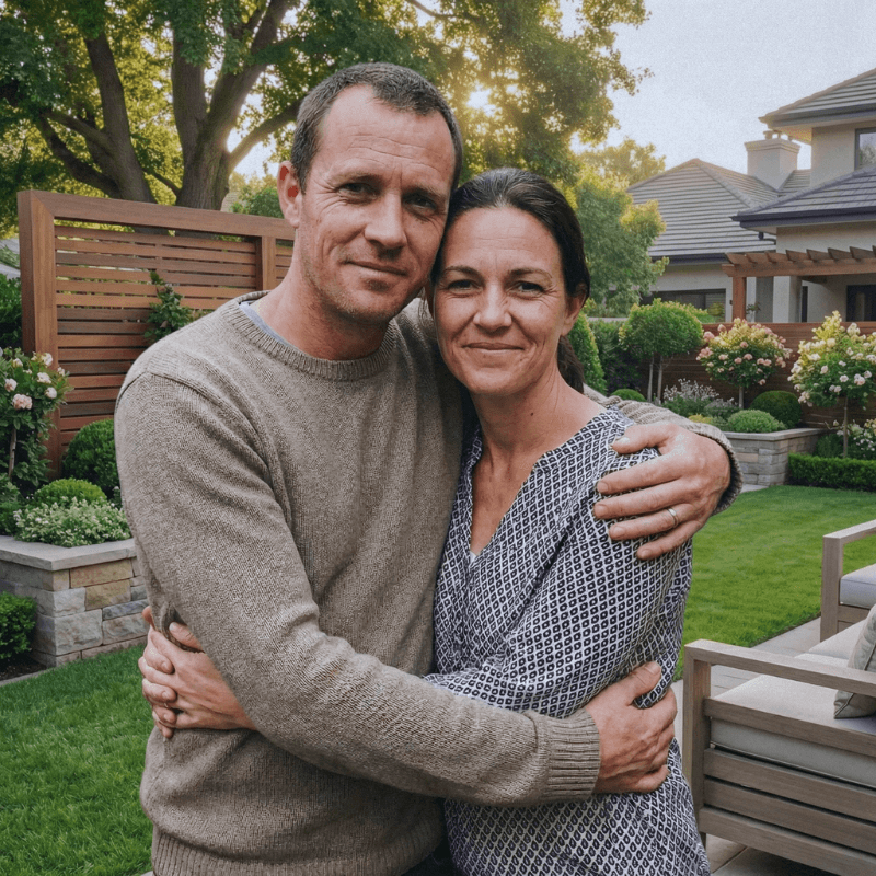 A happy couple embracing in a backyard garden with trees and flowers, smiling at the camera during daytime.