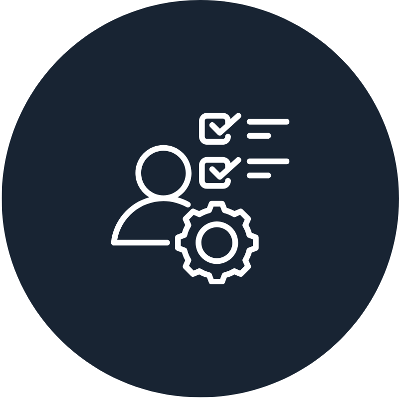 Icon of a person with checklists and a gear, symbolizing task management or process optimization.