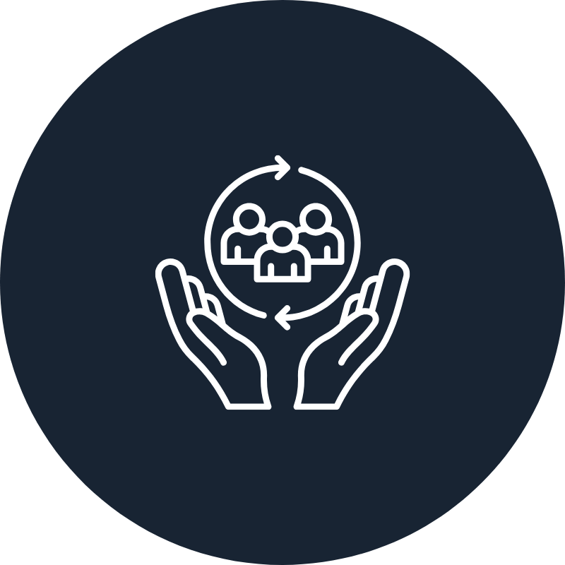 Outline icon of two hands holding a circle with three people connected by arrows, symbolizing teamwork or community support.