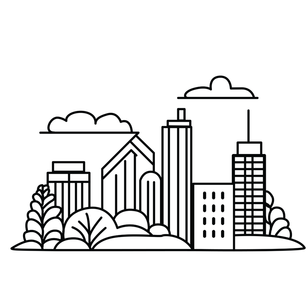 Une illustration minimaliste d'une skyline de ville avec des immeubles, des arbres et des nuages.